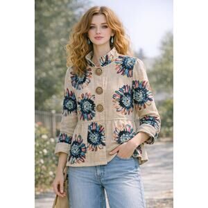 Ivy Jane 100% Cotton Floral Peplum Jacket 3 Button Size Small Boho Chic Artsy